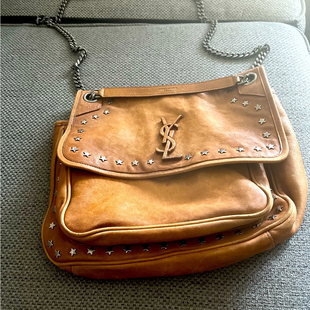 Saint Laurent-Calfskin Star Studded Monogram Medium Niki Chain Satchel Brown
